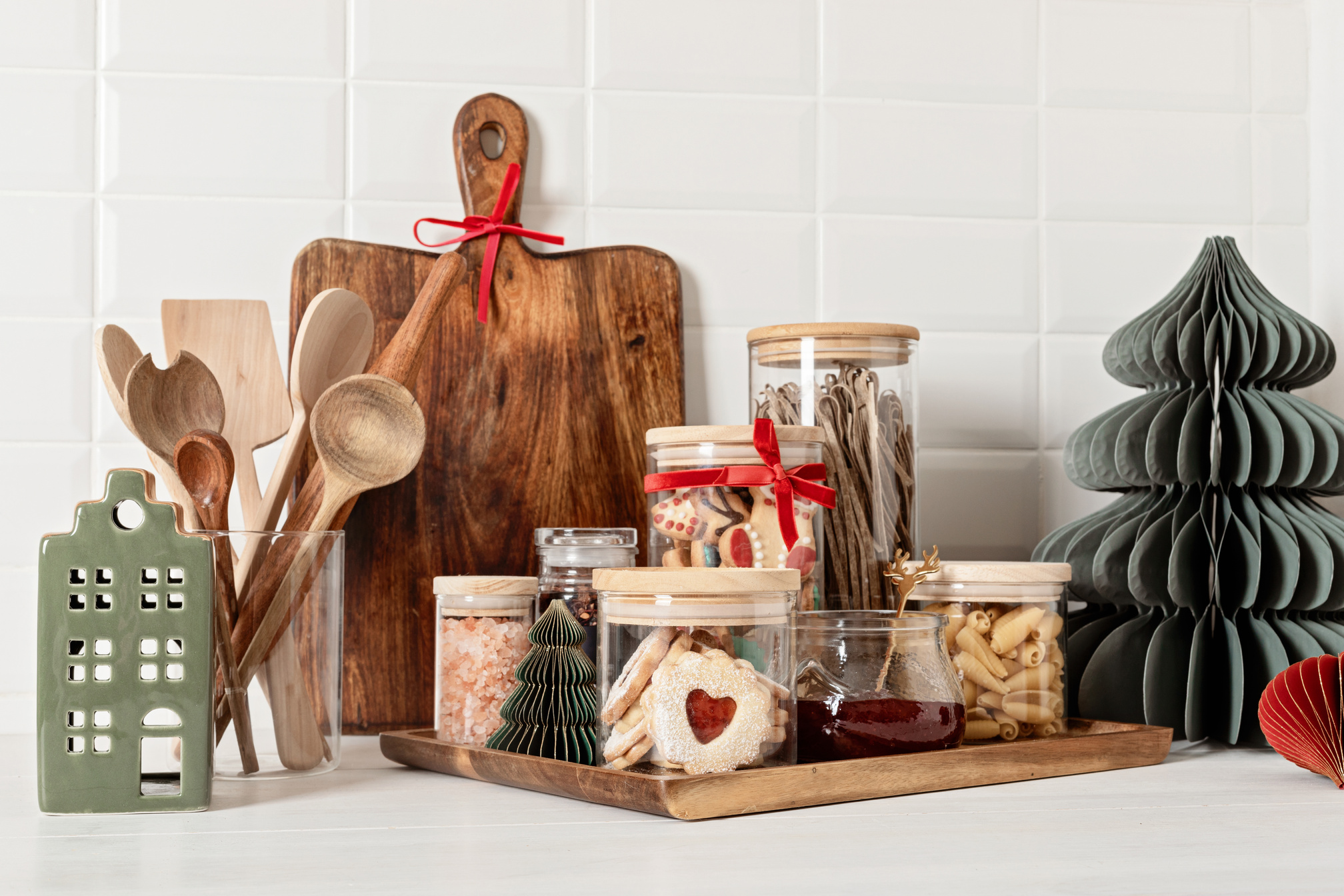 Christmas kitchen decoration. Festive home interior