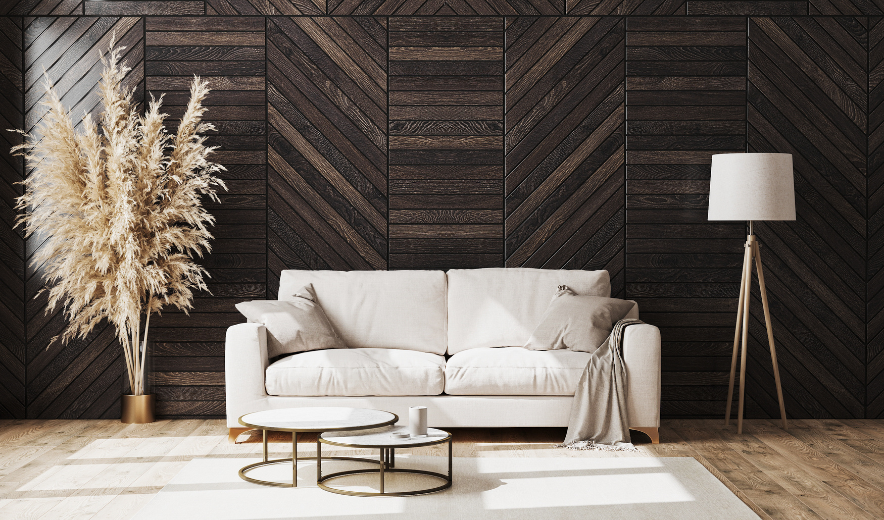 Living Room with Furnitures and Parquet Walling 