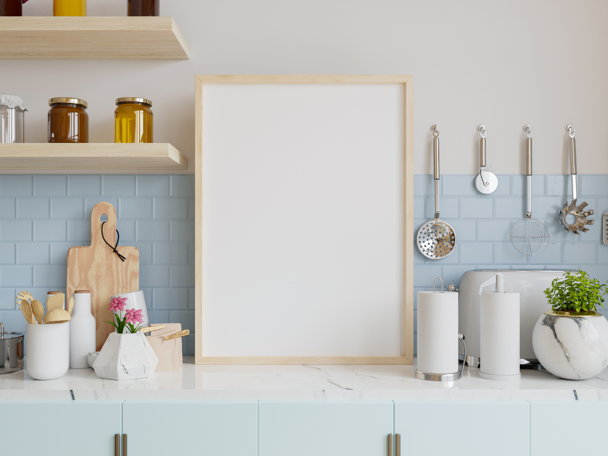 Frame Mockup in Kitchen Interior on Wooden Table in Kitchen Room.